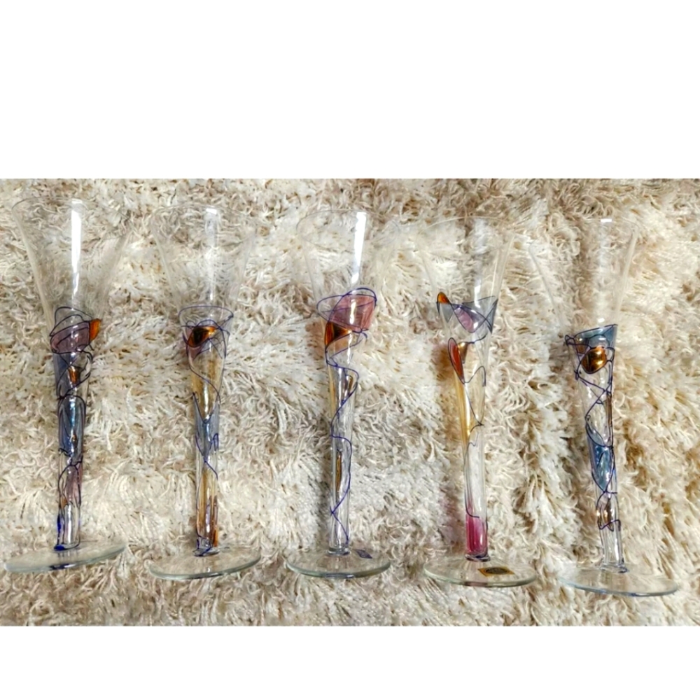 Vintage Fostoria Romanian Hollow Stem Champagne Flutes Set (5) *Read Art Glasses